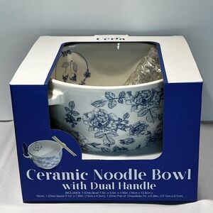 Ceramic Blue Floral Dual Handle Noodle Bowl Set